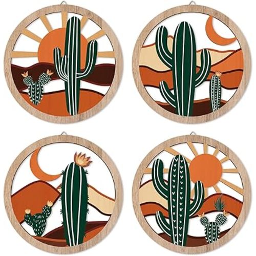 HPNIUB Boho Cactus Wall Decor, Rustic Desert Tropical Botanical Hanging Wood Sign for Living Room, Round Southwest Plant Wooden Plaque, Sun and Moon Wall Art for Apartment Office(10''x10'')