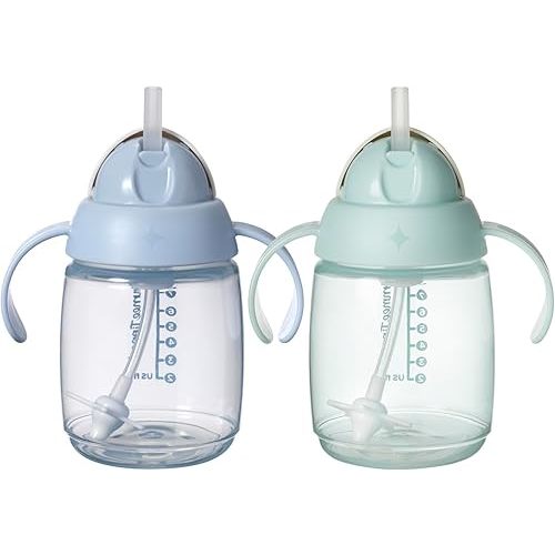 Tommee Tippee Starter Straw Cup, Easy Transition Toddler Cup For 6 Months+, 10oz, with Silicone Weighted Straw and Easy-Hold Handles, Pack of 2, Blue and Green
