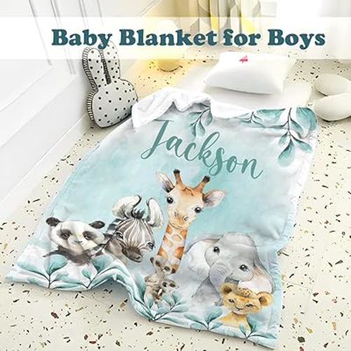 Personalized Baby Blanket for Boys, Custom Baby Blanket with Name Super Soft Personalized Name Blankets for Kids, Custom Animals Blankets for Infant Toddler, Babys Gifts for Birthday