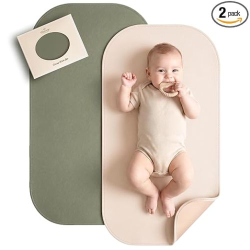 Konssy Faux Leather Baby Changing Mat, Waterproof, Wipeable & Portable Diaper Changing Pad for Travel or Home, Fits Perfectly in Diaper Bag, 30 x 17 inches (Fog Green,Beige)