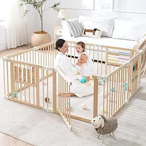 Wooden Playpen & Play Yards for Babies and Toddlers, 57 * 57inch Foldable Wood Baby Play Fence, Kids Activity Area Center Indoor Outdoor, Pinewood