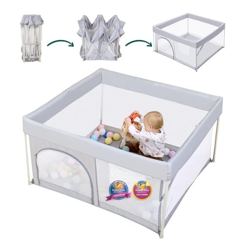 BABELIO Foldable Baby Playpen 46" × 46", Portable Playard for Babies and Toddlers, Parents' Picks Awards Winner, No Assembly Required, Indoor & Outdoor Kids Safety Play Pen Area, Travel Fence, Grey