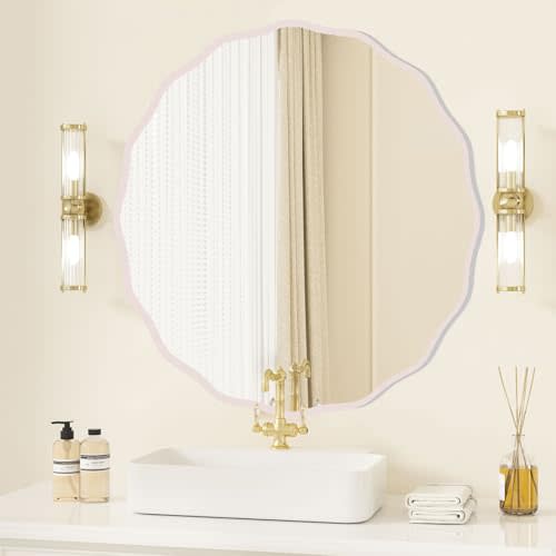 FUWU HOME Distressed White Finish Wavy Round Mirror for Wall Decorative 28" Modern Wavy Circle Mirror for Bathroom Bedroom Living Room Home House Office Entryway
