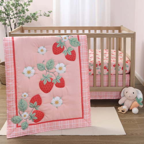The Peanutshell 3 Piece Strawberry Sweet Baby Crib Bedding Set for Girls, Pink Crib Set, Baby Crib Comforter Set, Crib Accessories Girl, Newborn, Infant & Toddler Girl Bedding Set - Nursery Decor