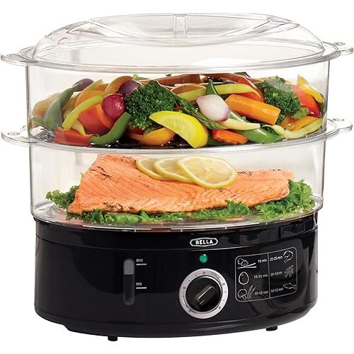 Two Tier Food Steamer with Dishwasher Safe Lids and Stackable Baskets & Removable Base for Fast Simultaneous Cooking - Auto Shutoff & Boil Dry Protection, Stainless Steel, 7.4 QT, Black