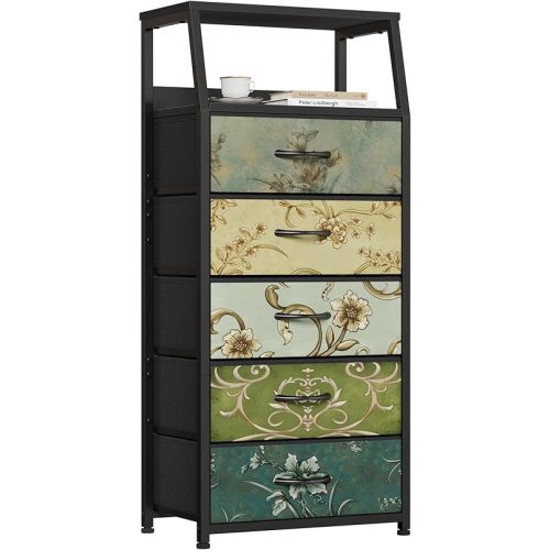 Furnulem Retro 5 Drawers Dresser, Tall Dressers for Bedroom, Closet, Hallway, Nursery, Fabric Storage Tower Organizer, Vertical Nightstand Side Table Furniture, Steel Frame, Wood Top