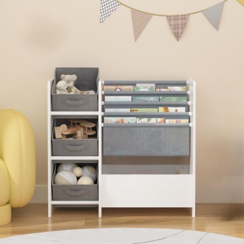 Kids Bookshelf, 4-layer Children's Bookshelf With 3 Foldable Fabric Drawers, Wood Kids Toy Storage Organizer For Classroom, Playroom, Nursery
