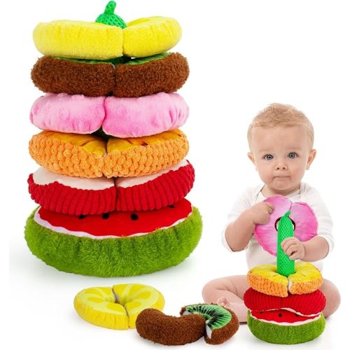 beetoy Baby Stacking Toys, Toddler Preschool Learning Activities for Learning Fruit, Stitchable Sensory Fruit Toys with Different Textures, Crinkle & Squeakers, Classroom Must Haves Learning Toys