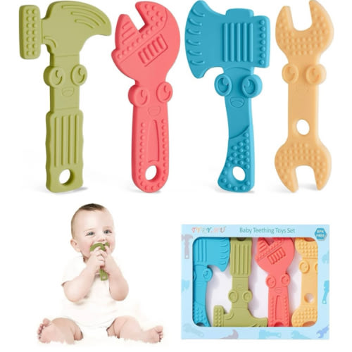 TYRY.HU Baby Teething Toys for Babies 0-6 Months 6-12 Months, BPA Free Silicone Baby Molar Teether Chew Toys, Hammer Wrench Spanner Pliers for Boys Girls, Soft-Textured, Easy to Hold & Clean, 4 Packs