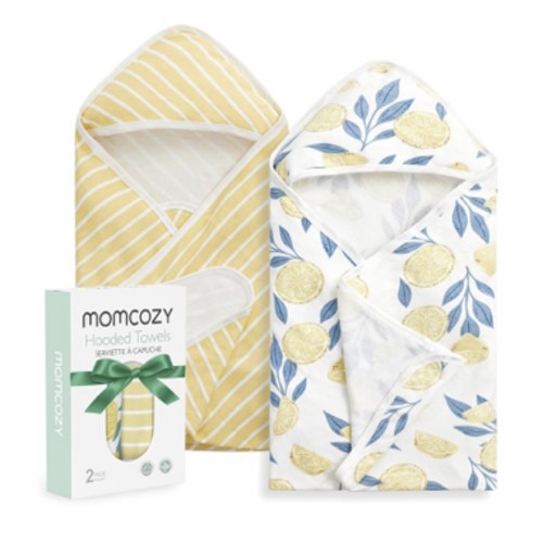 Momcozy Baby Hooded Towel, 2 Pack Baby Towel Set, Super Soft Bath Towel with Original Design, Shower Gifts for Infant, Toddler (28 X 28 Inch, Lemon Leaves)