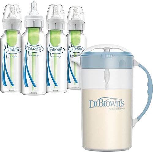 Dr. Brown's Baby Formula Mixing Pitcher 32oz, Blue with Anti-Colic Options+ Narrow Baby Bottles, 4 Pack, 8 oz