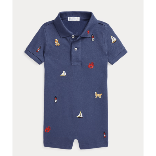 Embroidered Cotton Mesh Polo Shortall