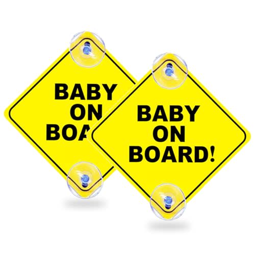 2PCS Baby On Board Signs with Suction Cups, 5"x5" Reusable Baby Safety Warning Decal for Car Windows