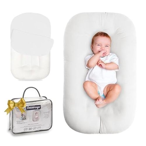 Beisurznga Baby Lounger for Newborn - Snuggle Cozy Me Lounger | Breathable Soft Cotton, 0-24 Months Portable Playtime Baby Nest, Newborn Baby Essentials Gifts - Natural (1 Lounger + 1 Cover)