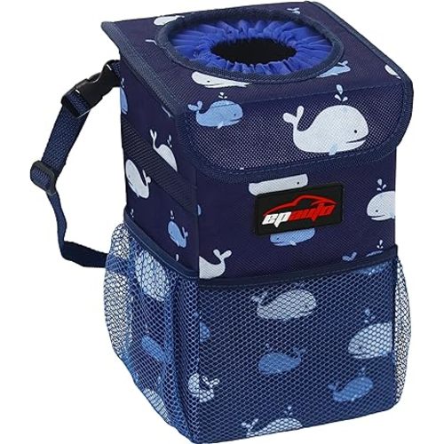 EPAuto Waterproof Car Trash Can with Lid and Storage Pockets, 1.8 Gallon, Blue