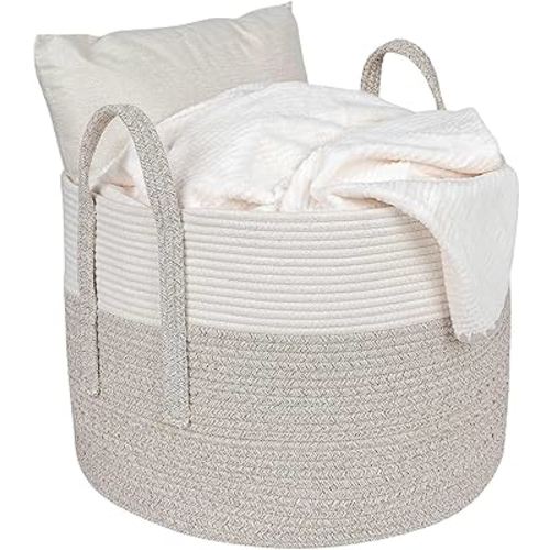 CubesLand Large Woven Basket for Organizing,Toys Organization Storage Basket Organizer Bins,Boho Home Decor Blanket Basket for Living Room Nursery 20"x 14" Off White/Light Brown