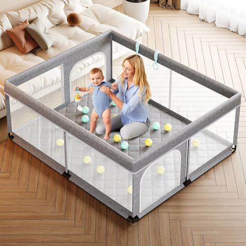 Large Baby Playpen with mat 71x59inch - Indoor Safety Playpen for Babies and Toddlers with Mat, Soft Breathable Mesh, All-Wrapped Sponge, Sturdy Play Yard with Stable Mat and Magic Sticker