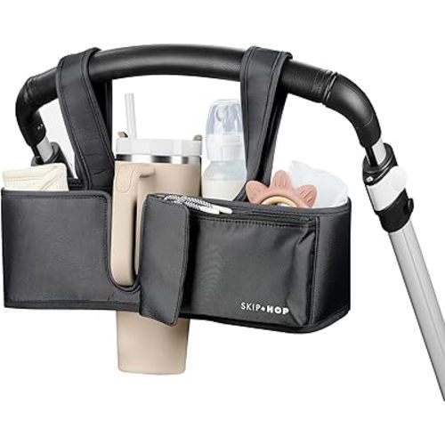 Skip Hop Ultimate Stroller Organizer Universal Fit with Adjustable Straps, Magnetic Flaps and Convertible Design That fits 40 oz. Tumblers, Black
