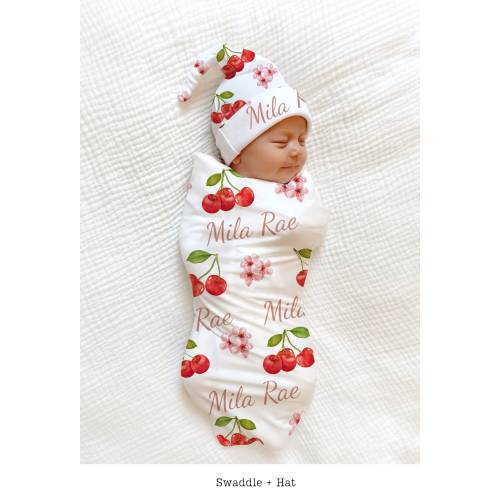 CHERRY Baby Blanket PERSONALIZED Swaddle Newborn Baby Girl Coming Home Outfit Cherry Blossom Blanket Baby Shower Gift Hospital Photo Outfit