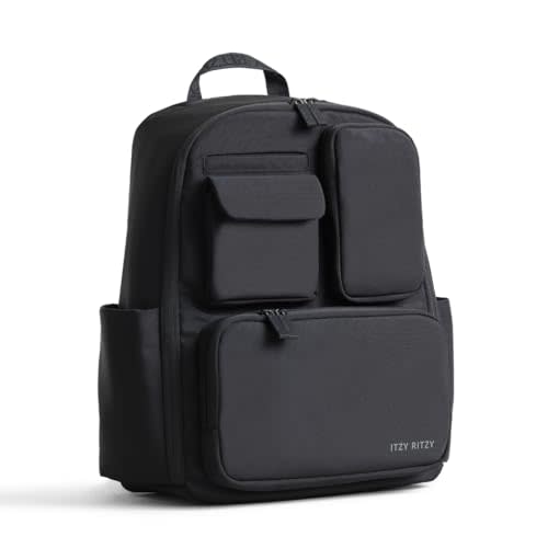 Itzy Ritzy Utility Diaper Bag Backpack – Features 17 Pockets (Including 2 Insulated Bottle Holders) & Trolley Sleeve and Includes Stroller Straps & Changing Pad – Part of the Belong Collection (Black)