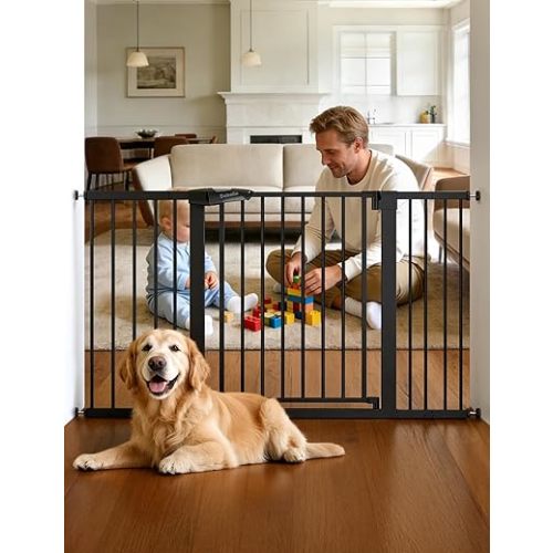 Babelio Extra Wide Baby/Dog Gate PressGuard P7, 29-55" Auto Close for The House and Doorway, Safety Pressure Mounted Pet Door, NO Need Tools and Drilling, Black