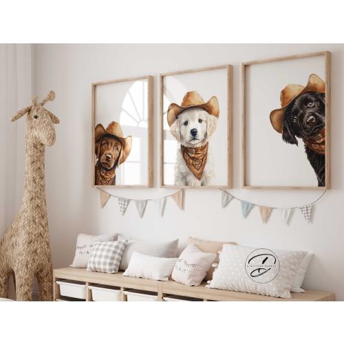DIGITAL Peeking Labrador Nursery prints, Cowboy Puppies wall art, Kids Farm bedroom wall decor, Watercolour Puppy prints, Western nursery