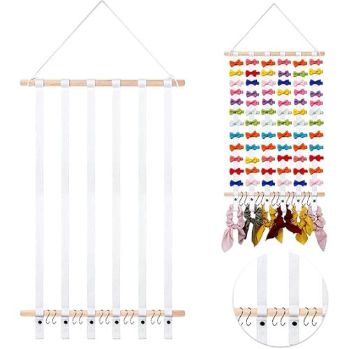 Bow Holder for Girls Hair Bows, Hair Accessories Headband Holder Organizer, Bow Hanger with Hooks, Hair Clips Storage for Girls Room Nursery Home Decor 23.6 inch(White)