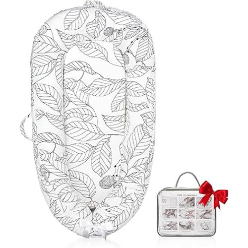 Baby Lounger - Baby Lounger for Newborn, Breathable & Soft Baby Nest Cover Co Sleeper for Baby 0-24 Months, Babies Essentials Gifts, Portable Infant Lounger-White Leaves