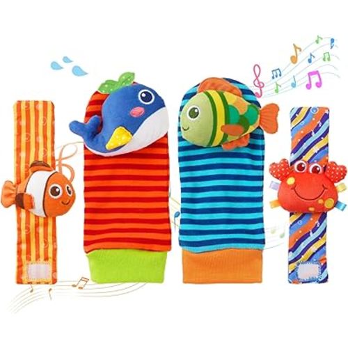 Baby rattles 0-6 Months, Cute Soft Newborn Wrist Rattle Foot Finder Socks Set,Infant Newborn Sensory Toy for 0 3 6 9 12 Months Boys Girls Gift (Ocean)