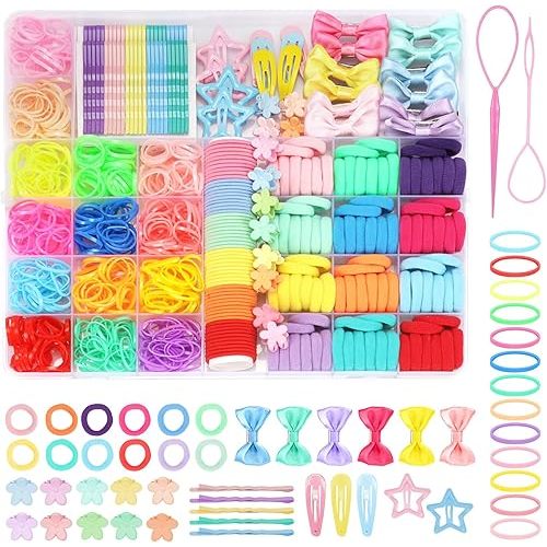 940Pcs Cotton Hair Accessories Set with Bow Clips, Rubber Bands, Elastic Holders, and Organizer Box for Girls and Toddlers