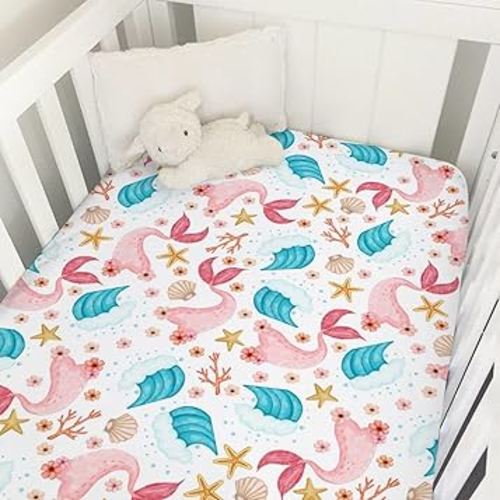 Colorful Nautical Life Baby Crib Sheets 52''x28'' Mermaids Starfish Conch Coral Wave Fitted Crib Mattress Cover for Boy Girl Sea Ocean Animal Nursery Bed Sheets for Standard Crib and Toddler Mattress