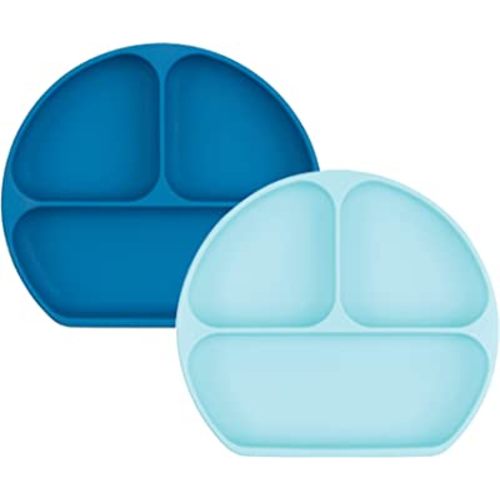 Bumkins Toddler and Baby Suction Plate, Silicone Divided Grip Dish for Babies and Kids, Baby Led Weaning, Children Feeding Supplies, Non Skid Bottom, Platinum Silicone, 6 Mos Up, Blue and Dark Blue