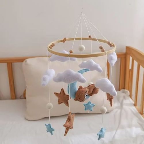 GOODMOM Sleeping Bear Baby Crib Mobile Handmade Soothing Bedtime Baby Mobile for Crib Felt Night Mood Nursery Decor for Baby Boy&Girl Easy Assembly & Durable Newborn Gift (Brown2)