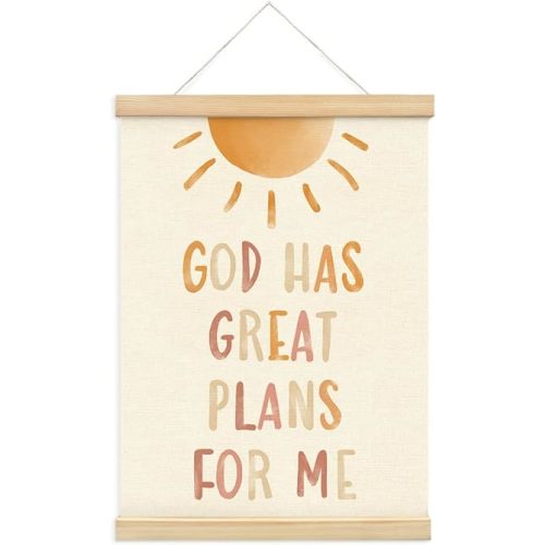 PLKMN Christian Nursery Wall Decor, God Has Great Plans for Me Wall Art with Wooden Poster Hanger, Boho Sun Christian Wall Decor for Nursery Kids Room Sunday School Preschool Classroom, 12x16 Inch