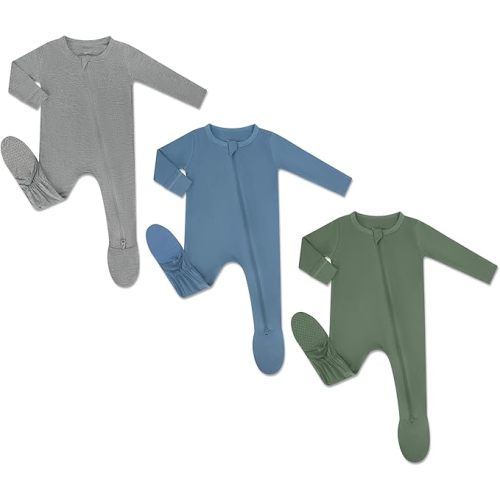 HAPIU Rayon from Bamboo Baby Footed Pajamas, 2 Way Premium Zipper, Footie for Baby Boy Girls, Newborn-24 Months, 4-Pack, Moonlight Blue&Dark Forest Green&Dark Grey&Light Heather Grey, Newborn
