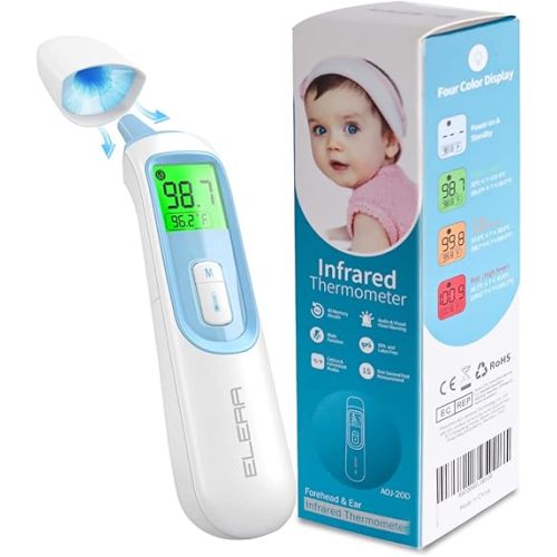 Ear Thermometer for Baby, ELERA Infrared LCD Thermometer with Automatic Switching Mode of Ear & Forehead, 1s Measurement, 4 Color Backlight Display with Fever Indicator