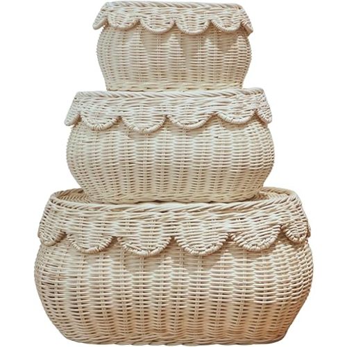 Scalloped Basket Set of 3 – Woven Seagrass Storage Baskets with Lids – Decorative Natural Bins Baskets for Organizing, Boho Home, Shelves, Bathroom Decor