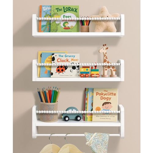 Nursery Book Shelves for Wall Set of 3, White Natural Wood Bookshelf Wall Decor, Small Floating Shelf Organizer for Kids Room, Bedroom, Kitchen Spice Rack