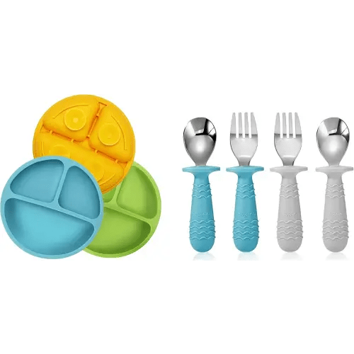 PandaEar Divided Unbreakable Silicone Baby and Toddler Plates & 4 Set Baby Toddler Spoon Fork