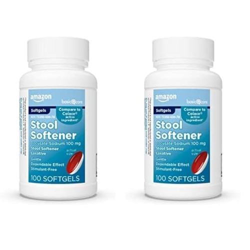 Amazon Basic Care Stool Softener Laxative, Docusate Sodium 100 mg, Softgels, for Constipation Relief, 100 Count (Pack of 2)