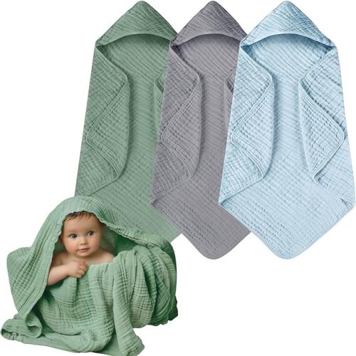 Hooded Baby Towels, 3 Pack Muslin Cotton Baby Towel Set, Super Soft and Absorbent Bath Towel for Babies, Infant, Toddler and Kids, Newborn Essential (35 X 35 Inch) (Green + Grey + Blue)