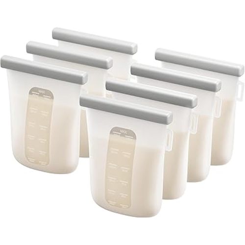 Nuliie 7 Pcs Reusable Silicone Breastmilk Storage Bags, 12oz/360ml Double Leak-Proof Breastmilk Freezer Bags, BPA Free Self-Standing Milk Bags for Breastfeeding, Baby Food Pouches