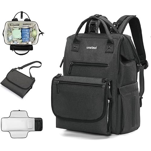 Diaper Bag Backpack, Gray Heather, Detachable Changing Mat, Large Capacity, Multi-Compartment Design (Black)