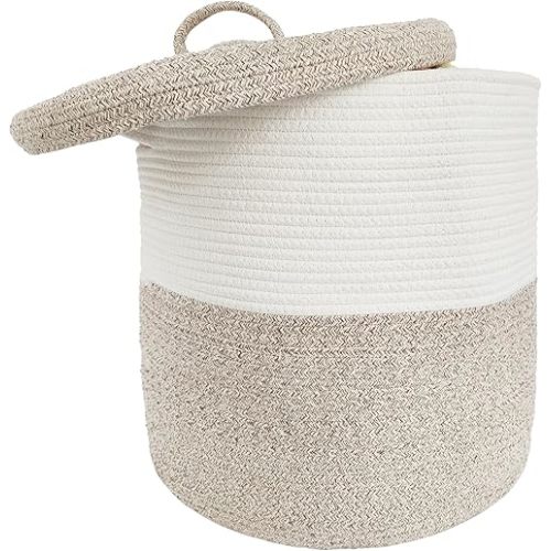 Large Storage Basket with Lid, 16"Wx18"H Woven Laundry Basket with Lid Cotton Laundry Basket, Wicker Basket Blankets Pillows Storage in Living Room, Beige/White Mix with Lid