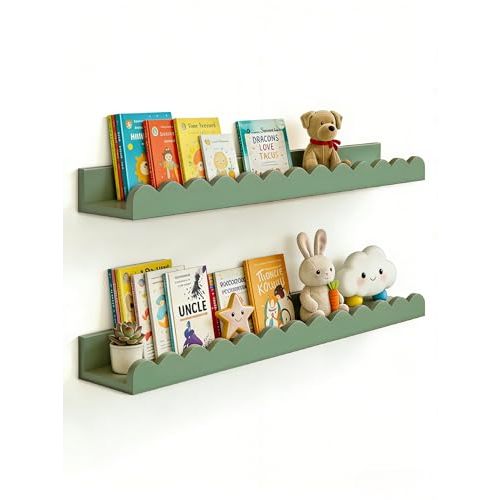 icnjdMopclean Nursery Book Shelves 20Inches, Scalloped Floating Shelves for Bedroom Kids, Nursery Shelves for Wall 2 Pack, Scalloped Shelf for Toddler Room, Baby Room, Sage, Large