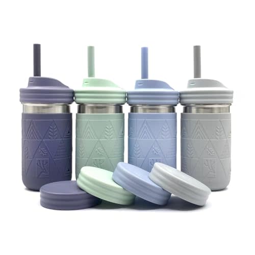Elk and Friends 14oz Stainless Steel Kids + Toddler Drinking Cups | The Original Mason Jars with Lids + Sleeves + Straws | Smoothie Cups | Spill Resistant | Dishwasher Safe | 4 Pack