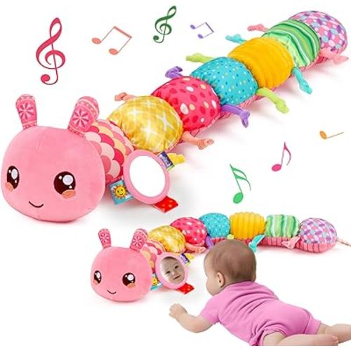 Thremhoo Baby Girls Toys 0-6 Months Musical Stuffed Caterpillar Pink Toys for Infant 0-3 3-6 Months Tummy Time Sensory Toy with Mirror Crinkle Rattle Birthday Gifts for 3 4 5 6-12 Month Newborn