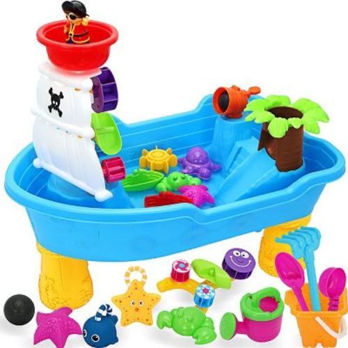 Joyfy Sand Water Table for Toddler, 25PCS Pirate Ship Water Table, Outdoor Beach Toys, Outdoor Summer Toys Backyard Activity for Kids 1-3 3-5