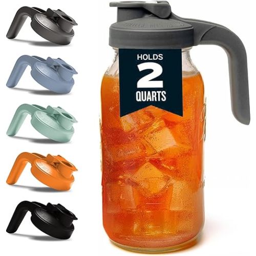 County Line Kitchen Glass Mason Jar Pitcher with Lid - Wide Mouth, 2 Quart (64 oz) - Heavy Duty, Leak Proof - Sun & Iced Tea Pitcher, Cold Brew Coffee, Breast Milk Storage, Water - Gray