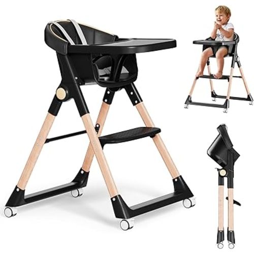 Baby High Chair, High Chairs for Babies and Toddlers, Convertible Folding High Chair with Wheels, Removable Tray 5 Point Harness Footrest Detachable PU Cushion, Portable Highchair for Baby Toddlers